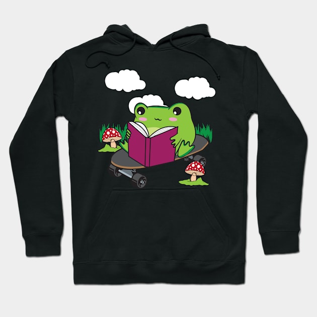 Cottagecore Aesthetic Cute Skateboarding Frog Book Hoodie by Alex21